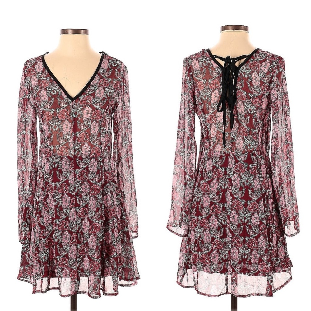 OASAP Womens Dress Size XS Burgundy Paisley Floral Lace Up Prairie Cottagecore